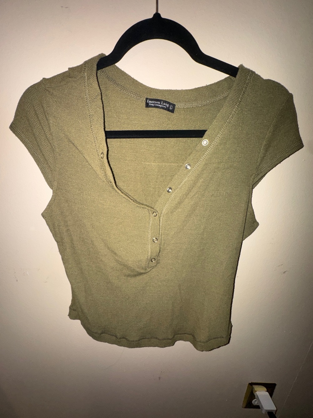Emerson lang Olive Green Short Sleeve Snap Henley Top